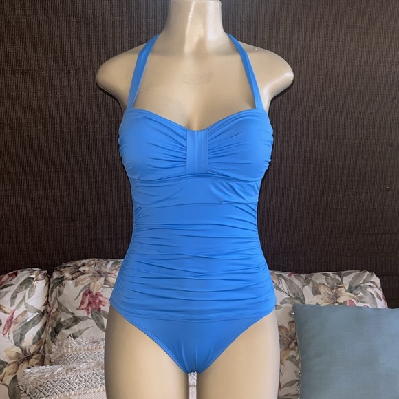 Tommy Bahama Ruched Halter-Top 4 Tummy Control Cobalt Blue One-Piece Swimsuit - Picture 3 of 9